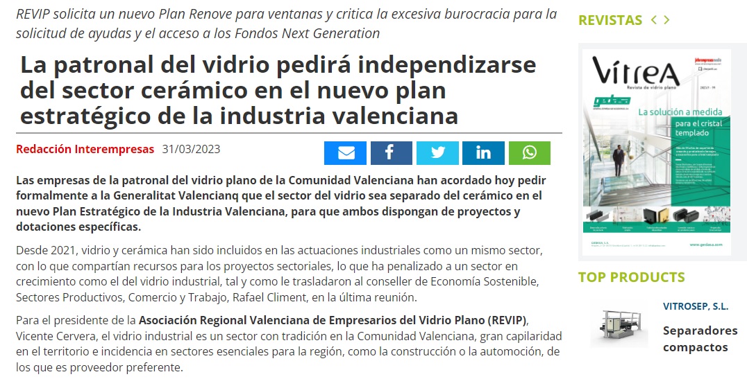 Vitrea recoge las reivindicaciones de la patronal del vidrio de la CV