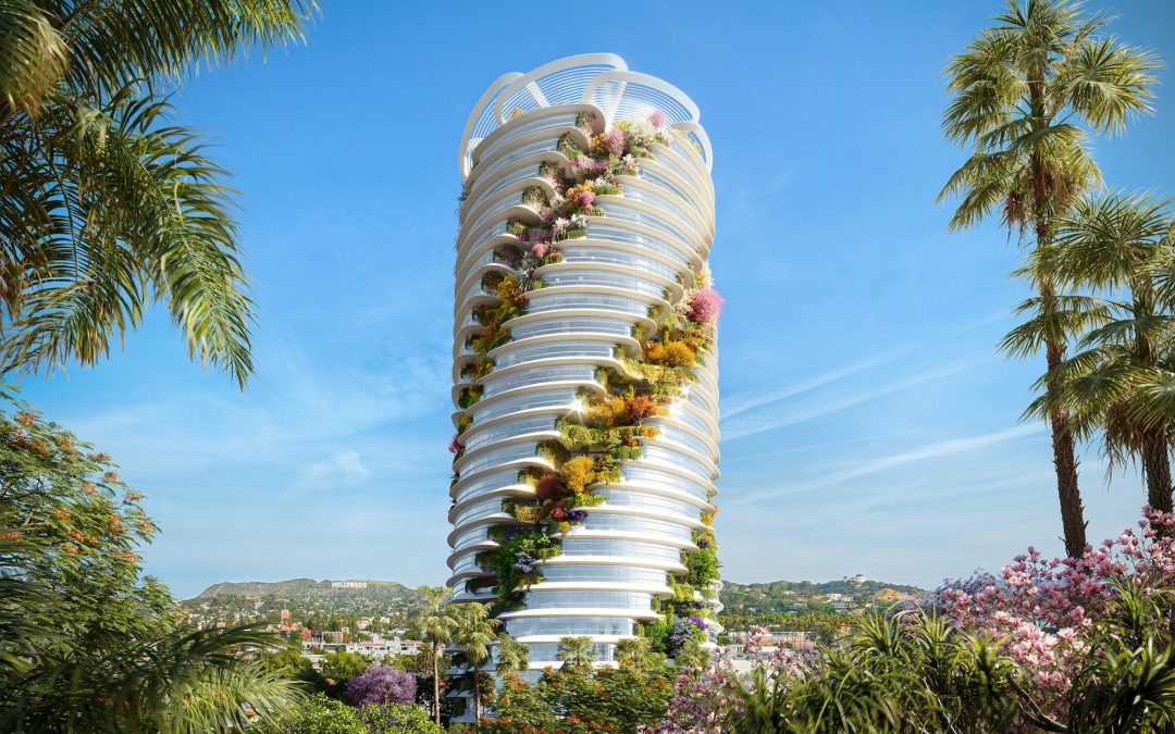 Una torre circular con una cortina de piel de vidrio en LA