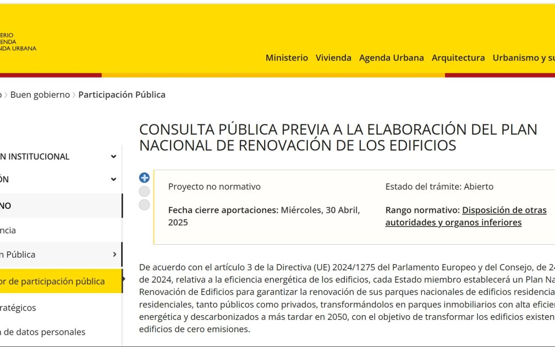 Plazo de consulta pública del Plan Nacional de Renovación de los Edificios
